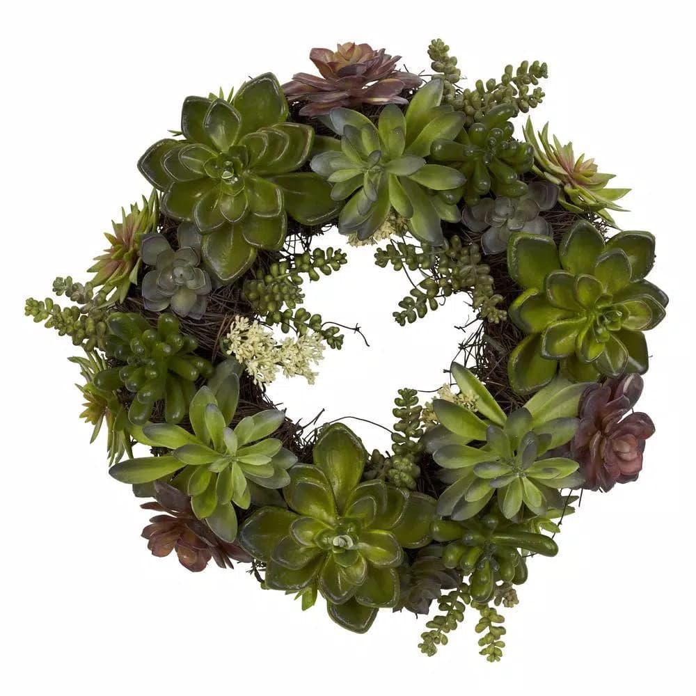 Nearly Natural 20 in. Green Succulent Wreath - Bohemian & Classic Round Floral Decor
