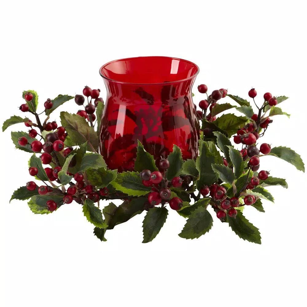 Nearly Natural 6.5 in. Holly Berry Candelabrum - Red and Green Holiday Tabletop Decor