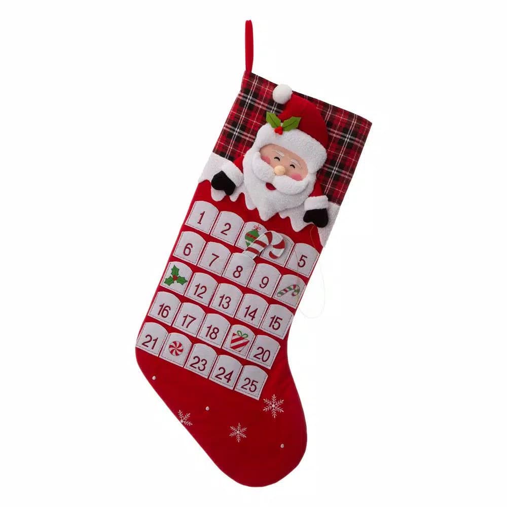 Glitzhome 36 in. Oversized 3D Santa Countdown Christmas Stocking with Plaid Cuff
