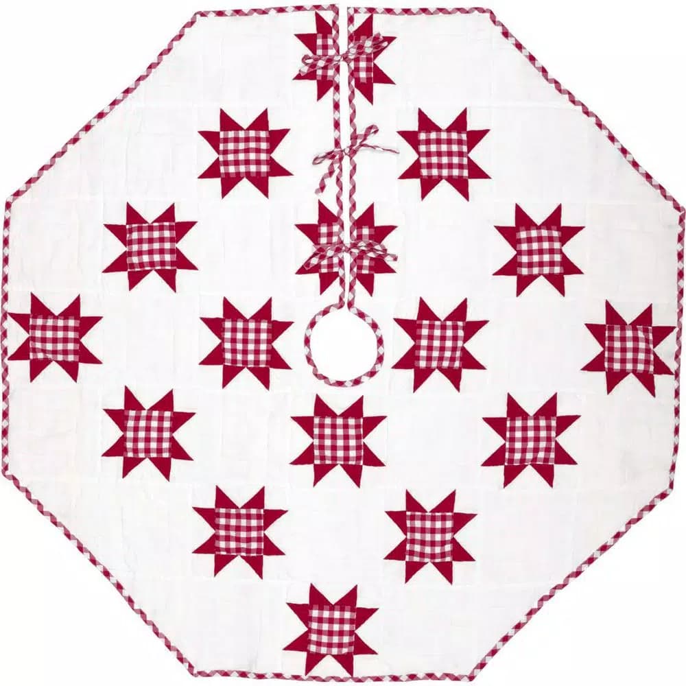 VHC Brands Emmie Red Patchwork Christmas Tree Skirt, 55 in. Hand-Quilted Cotton Farmhouse Decor