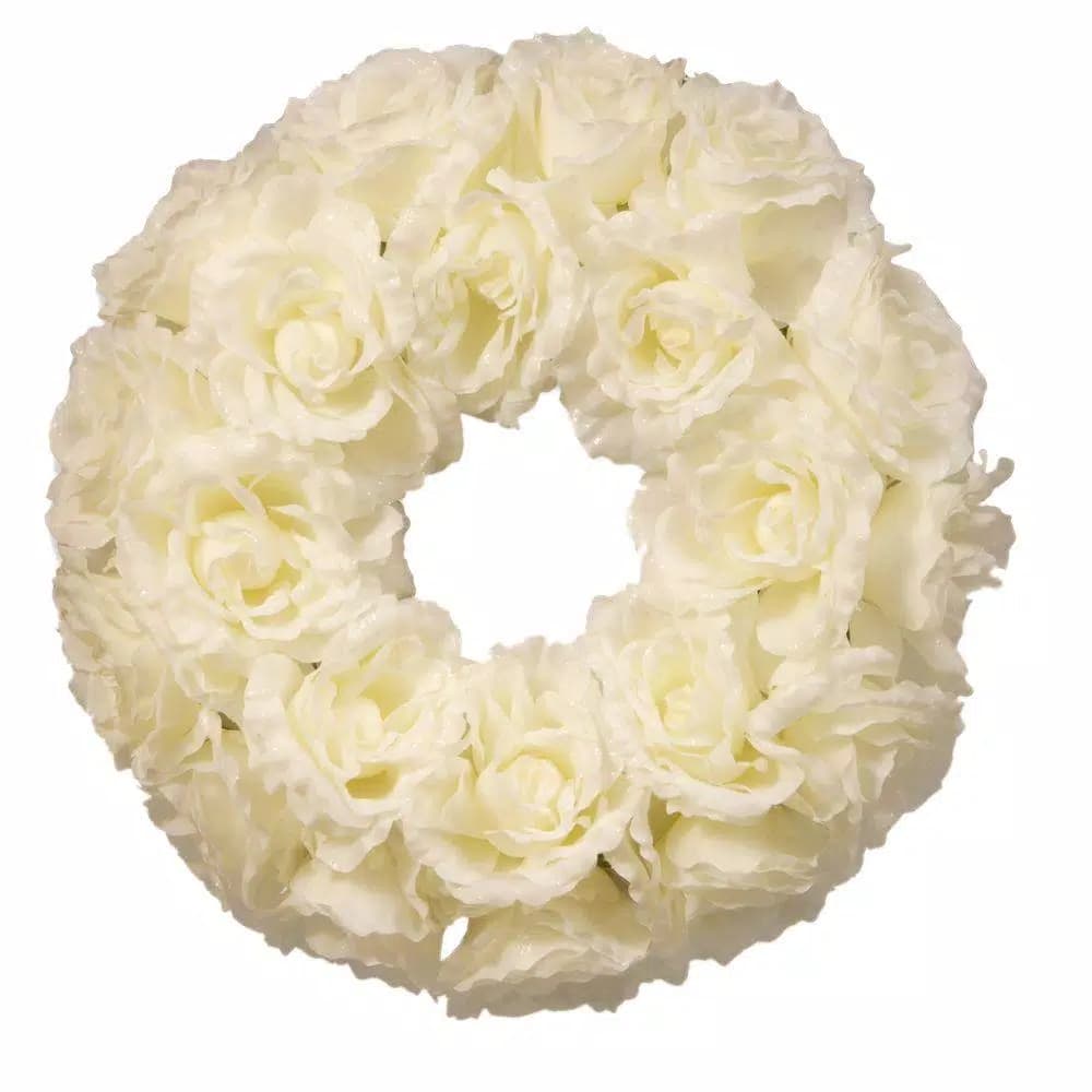 National Tree Company 17 in. White Glittered Rose Wreath with Foam Base