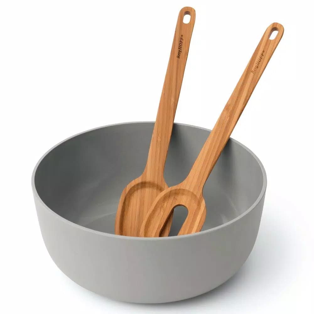 BergHOFF Leo Bamboo Salad Bowl with 2-Piece Serving Set, 120 oz, Gray