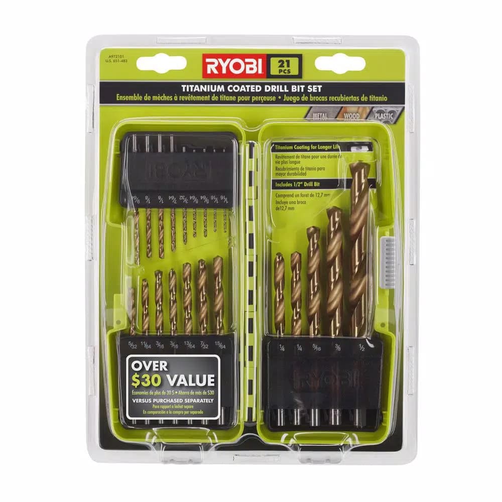 RYOBI 21-Piece Titanium Coated Twist Drill Bit Set with Durable Storage Case