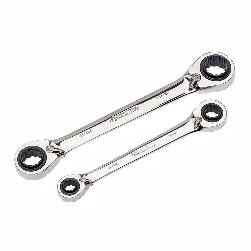 Husky 2-Piece SAE Quad Drive Reversible Ratcheting Wrench Set