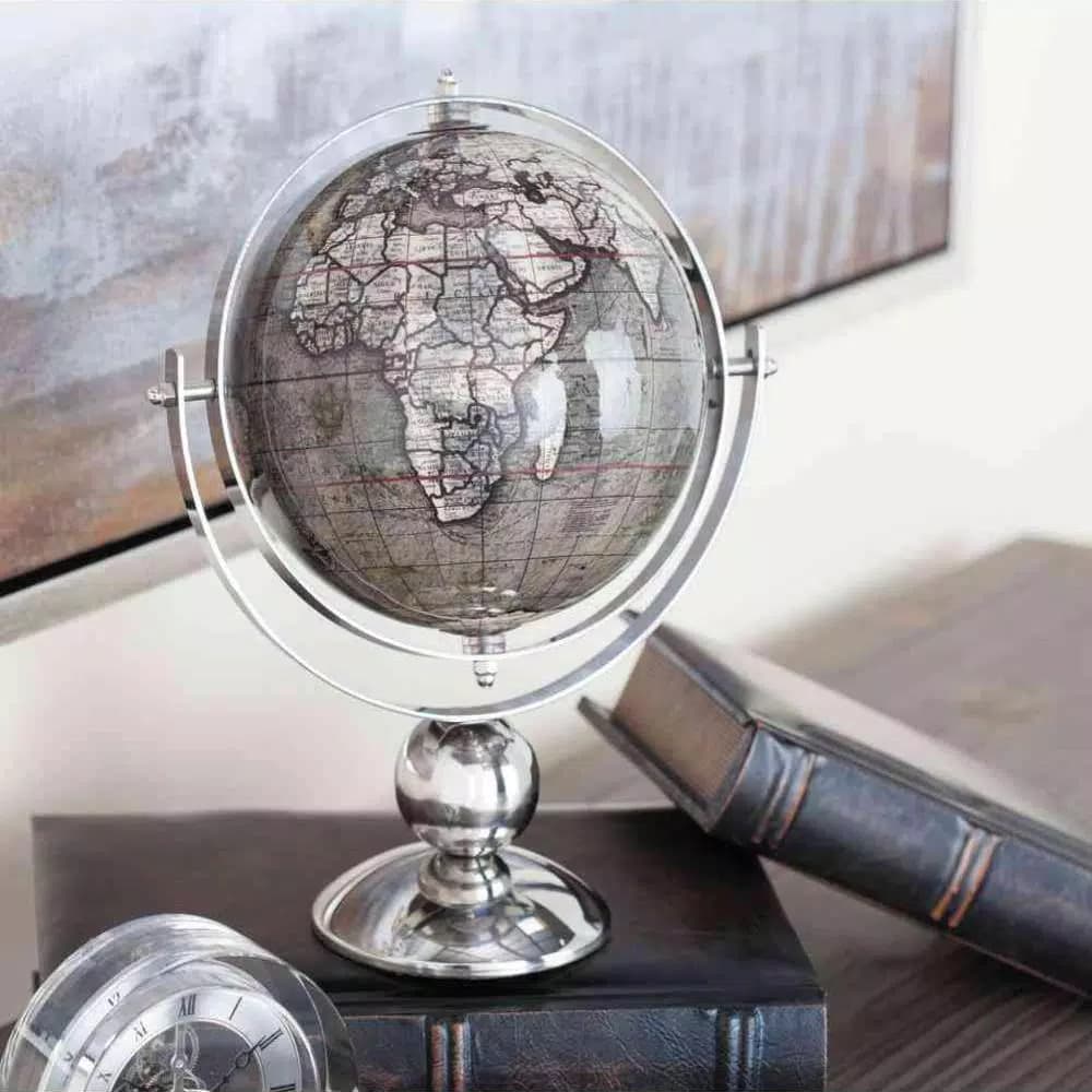 LITTON LANE Modern Reflections 11 in. Decorative Globe with Stainless Steel Stand, Brown and White
