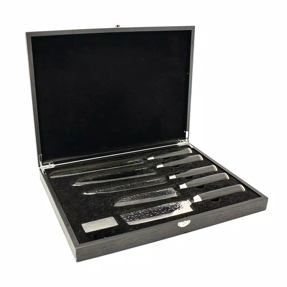 BergHOFF Martello 5-Piece German Steel Knife Set with Wooden Case - Textured Blades