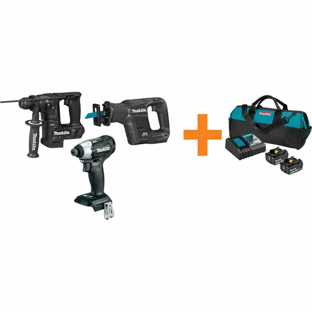 Makita 18V LXT Sub-Compact Brushless Tool Combo Kit: Impact Driver, Rotary Hammer, Reciprocating Saw & Battery Pack