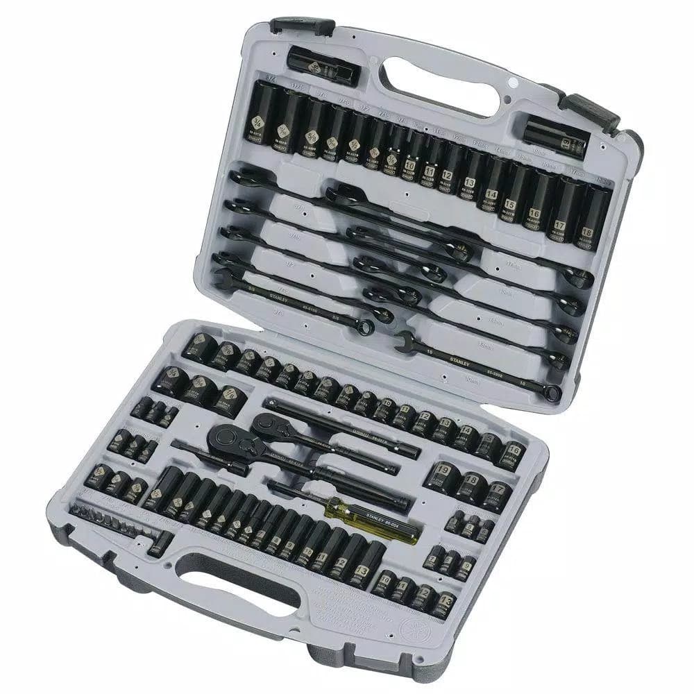 Stanley 99-Piece 1/4 in. & 3/8 in. Drive Black Chrome Laser Etched SAE & Metric Socket Set