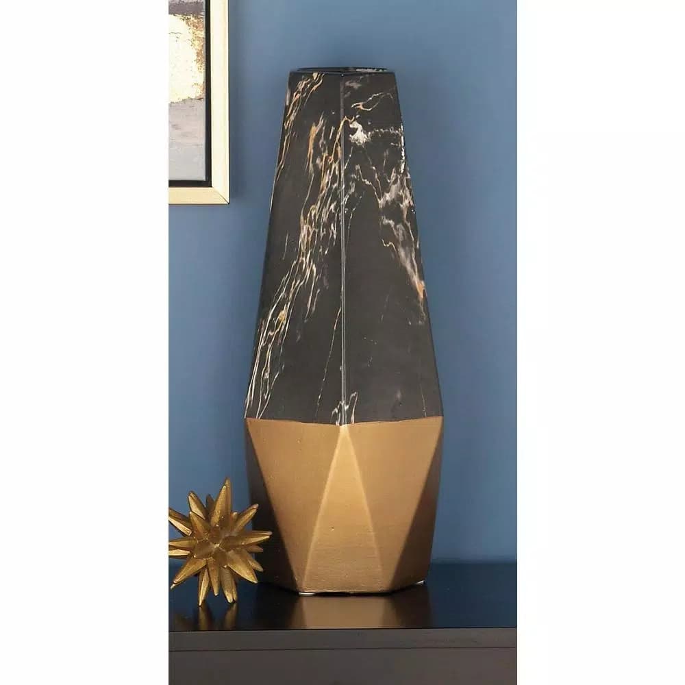 LITTON LANE 18 in. Ceramic Black and Gold Modern Geometric Bud Vase