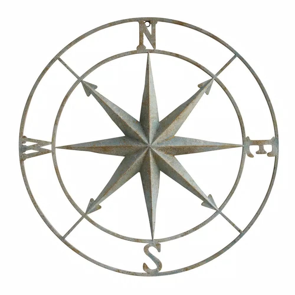 3R Studios 41 in. Distressed Aqua Iron Metal Wall Compass Rose Decor