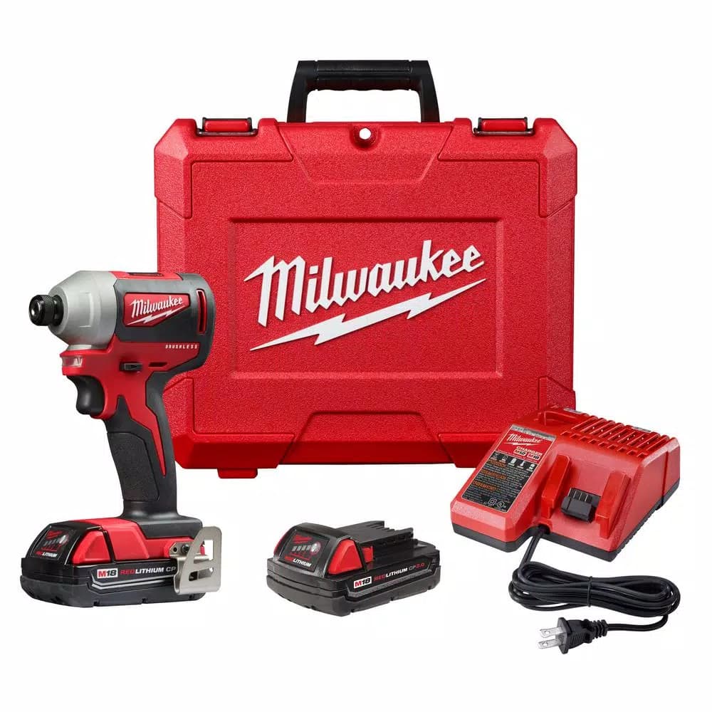 Milwaukee M18 18V Brushless Cordless 1/4 in. Hex Impact Driver Kit with Two 2.0 Ah Batteries and Charger