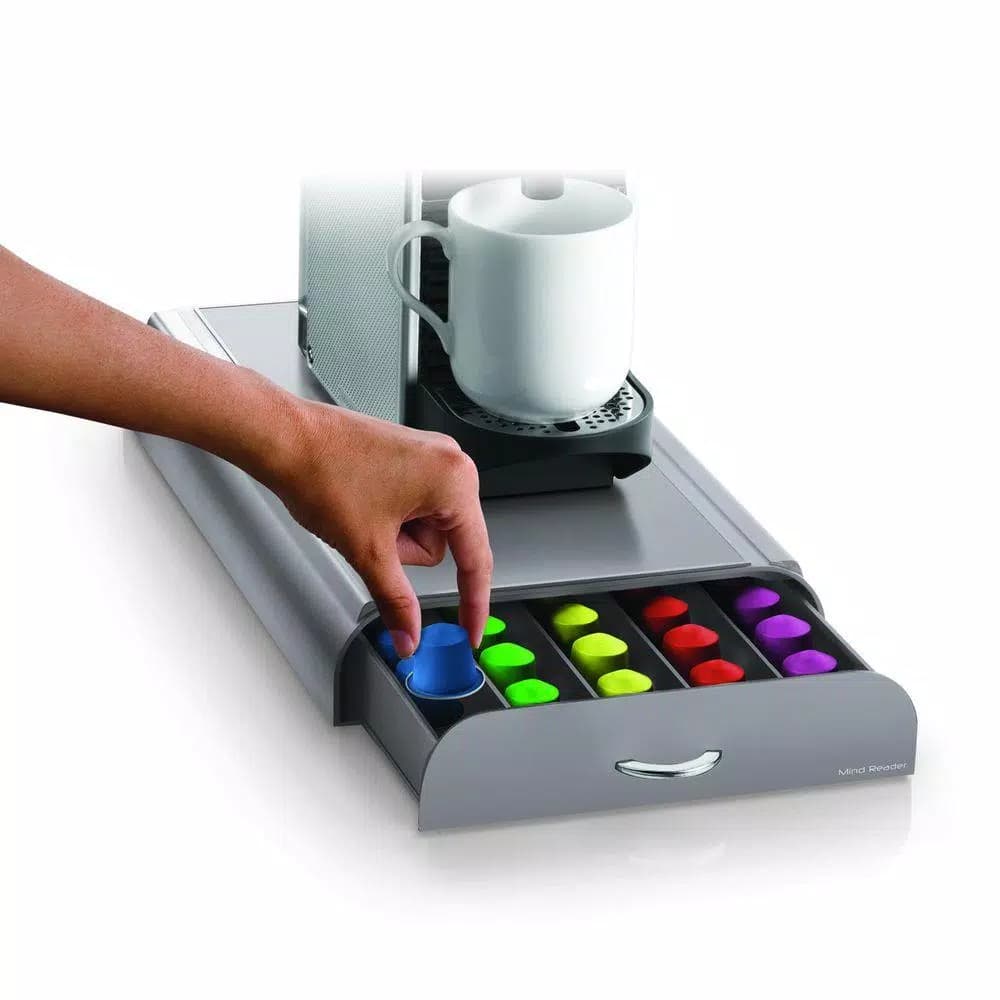 Mind Reader Anchor Silver Nespresso Coffee Capsule Drawer, 50-Capacity Pod Organizer & Machine Stand