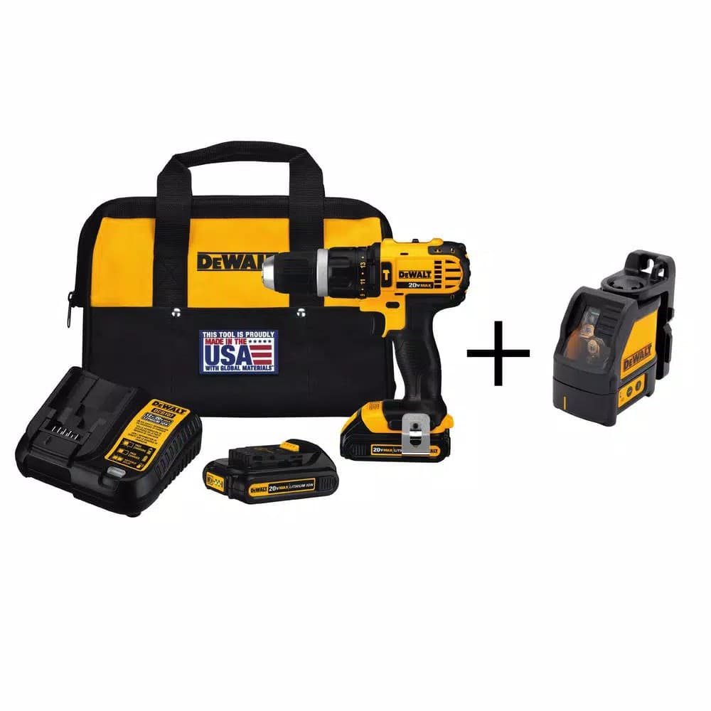 DEWALT 20V MAX Cordless 1/2 in. Compact Hammer Drill/Driver Kit with 2 Batteries, Charger, Bag & Cross Line Laser