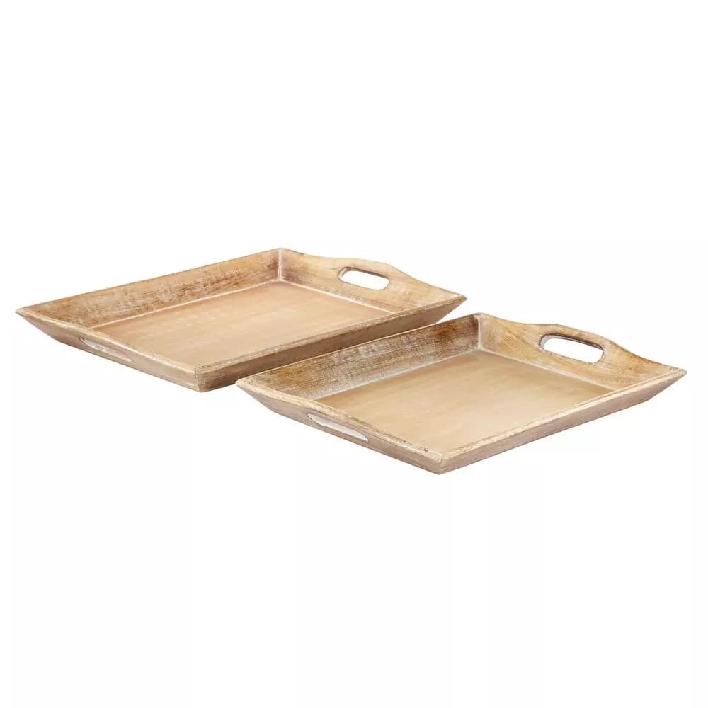 LITTON LANE Distressed Brown Decorative Wooden Trays, Set of 2, Mango Wood & MDF