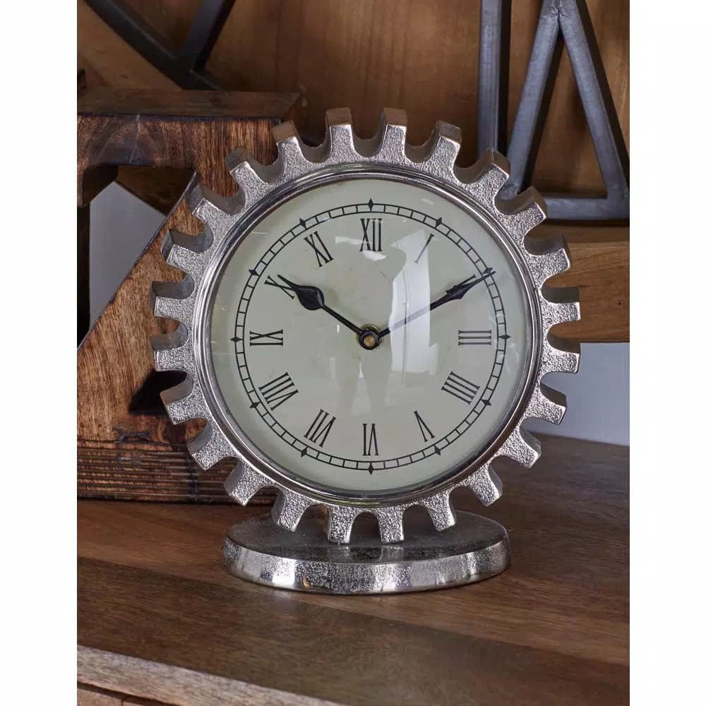 LITTON LANE Vintage Silver Gear Table Clock - Industrial Style Analog Quartz Clock