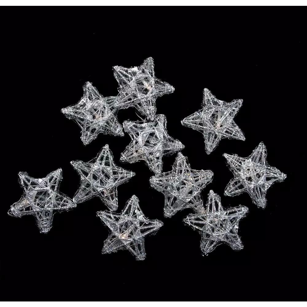 PENN 10-Light Battery Operated Clear LED Spun Glass Star Christmas String Lights - Silver Wire
