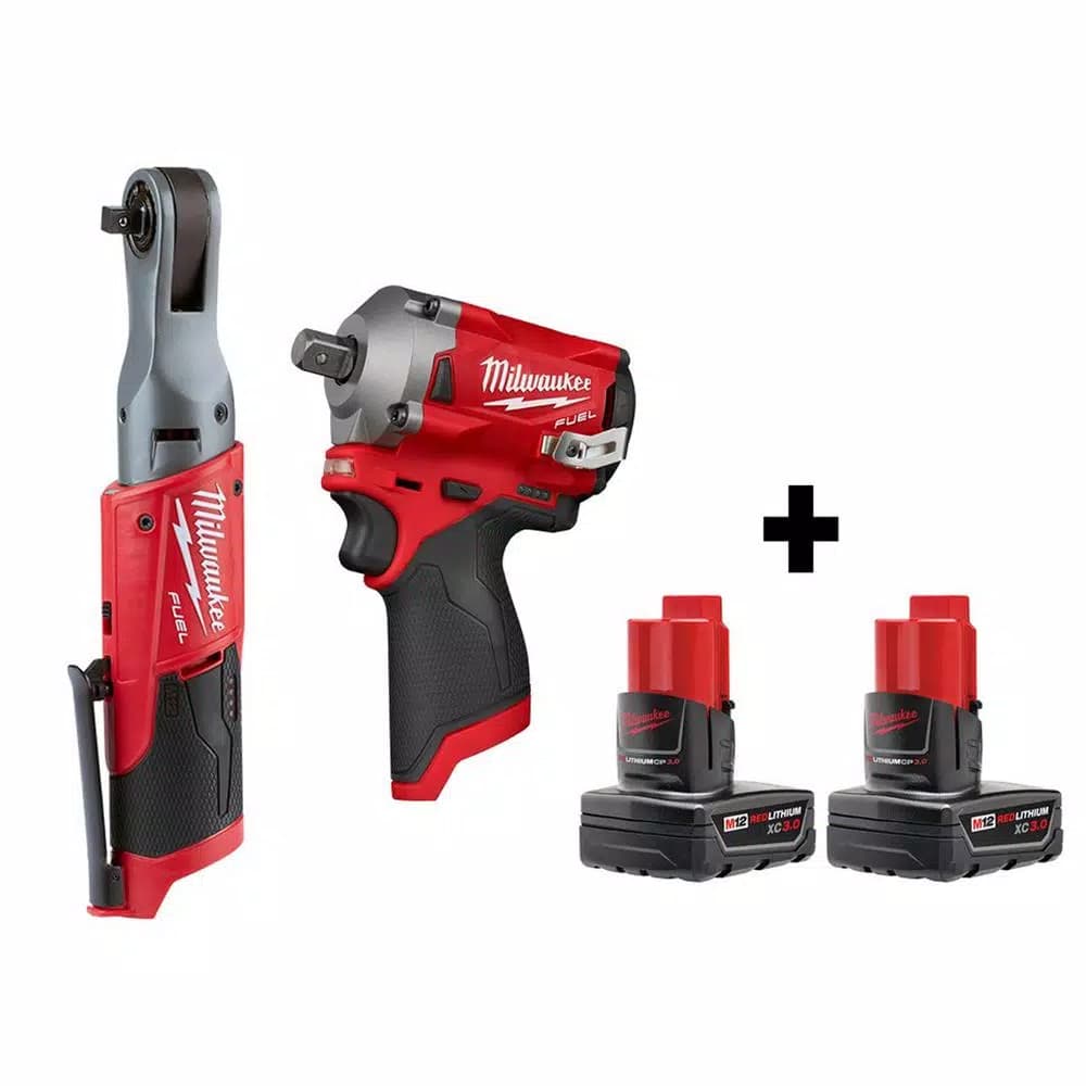 Milwaukee M12 FUEL 12V Cordless 3/8 in. Ratchet and 1/2 in. Stubby Impact Wrench Combo Kit with (2) 3.0 Ah Batteries