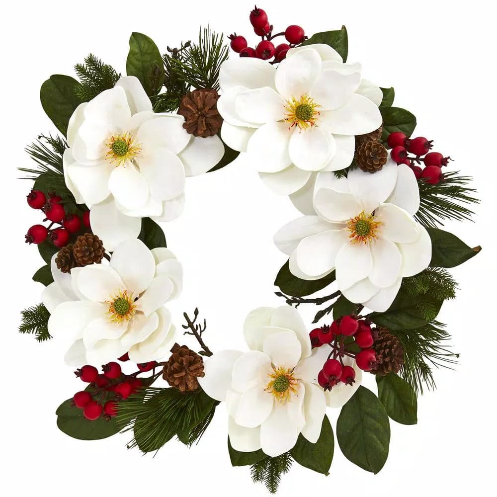 Nearly Natural 26 in. Magnolia, Pine and Berries Artificial Wreath - White