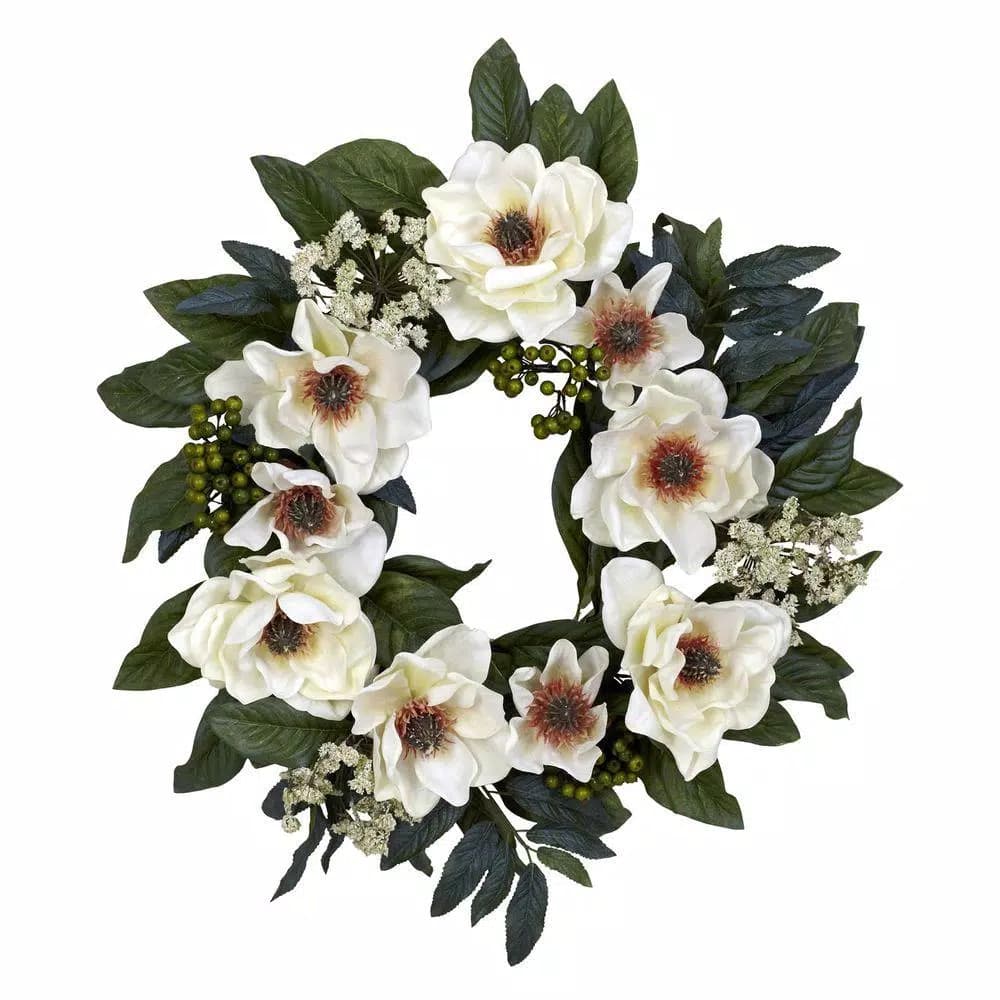 Nearly Natural 22 in. White Magnolia Wreath with Greenery and Berries