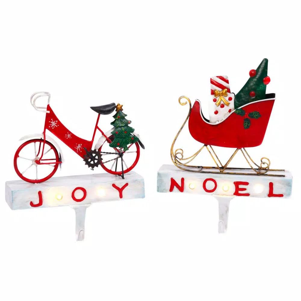 Gerson Set of 2 Lighted Metal Bicycle and Sleigh Stocking Holders, Red and White