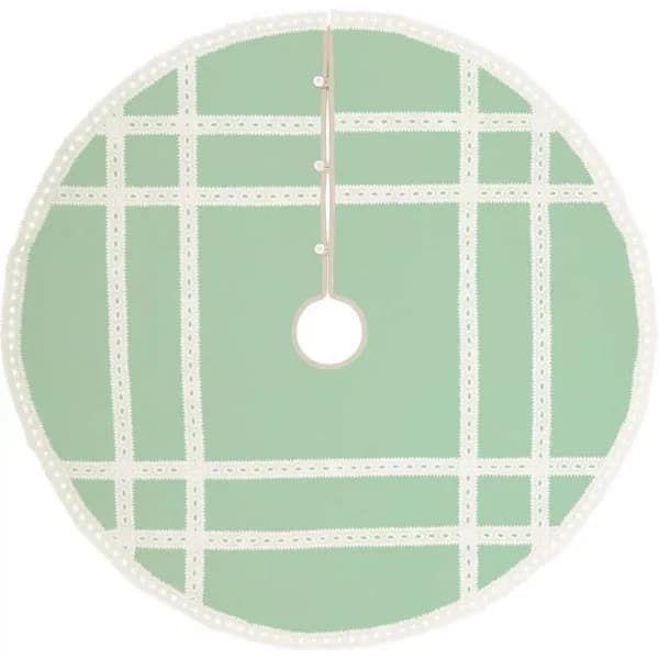 VHC Brands 48 in. Mint Margot Farmhouse Christmas Tree Skirt with Diamond Lace and Chambray