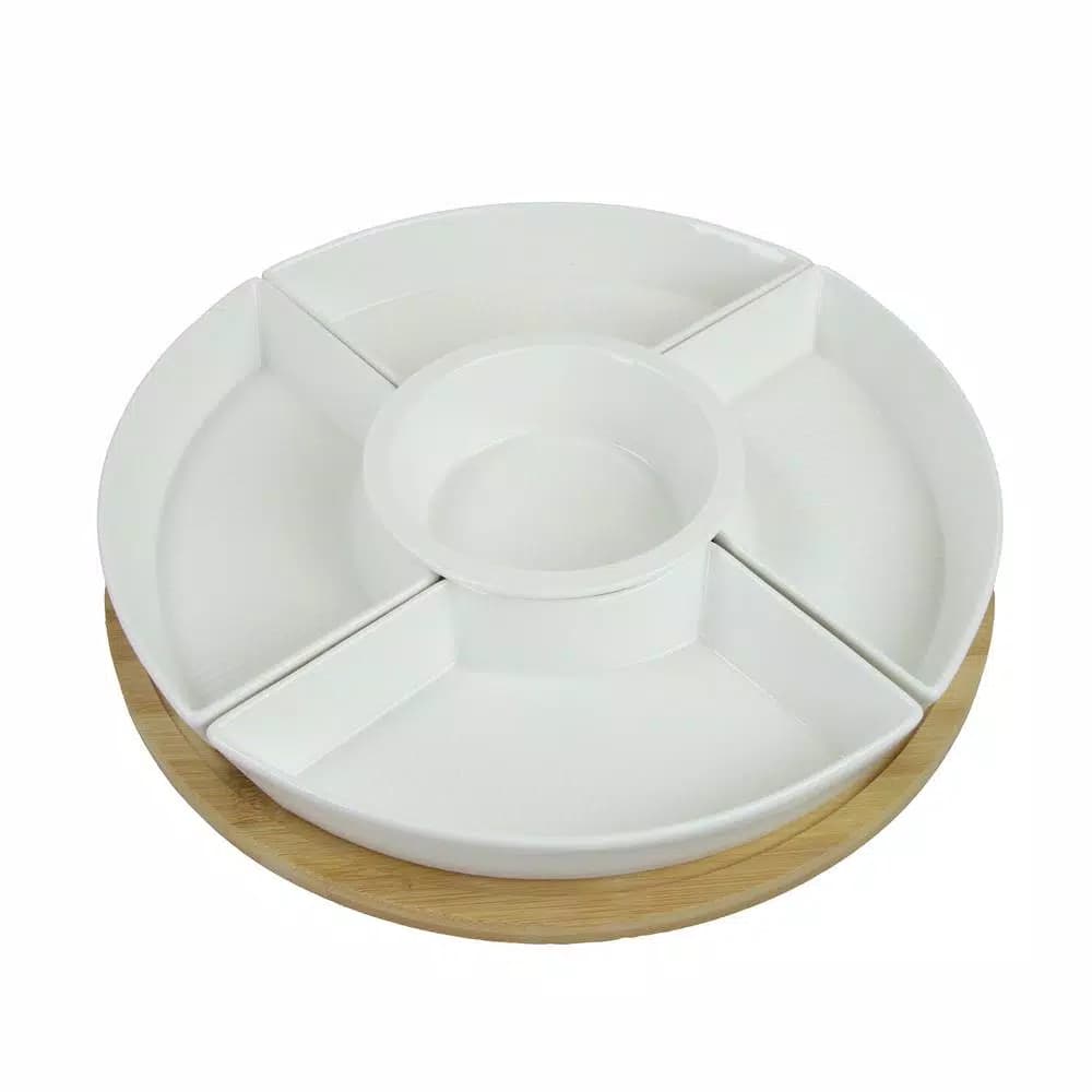 Elama Signature Collection Stoneware Appetizer and Condiment Server Set with Bamboo Lazy Susan Tray