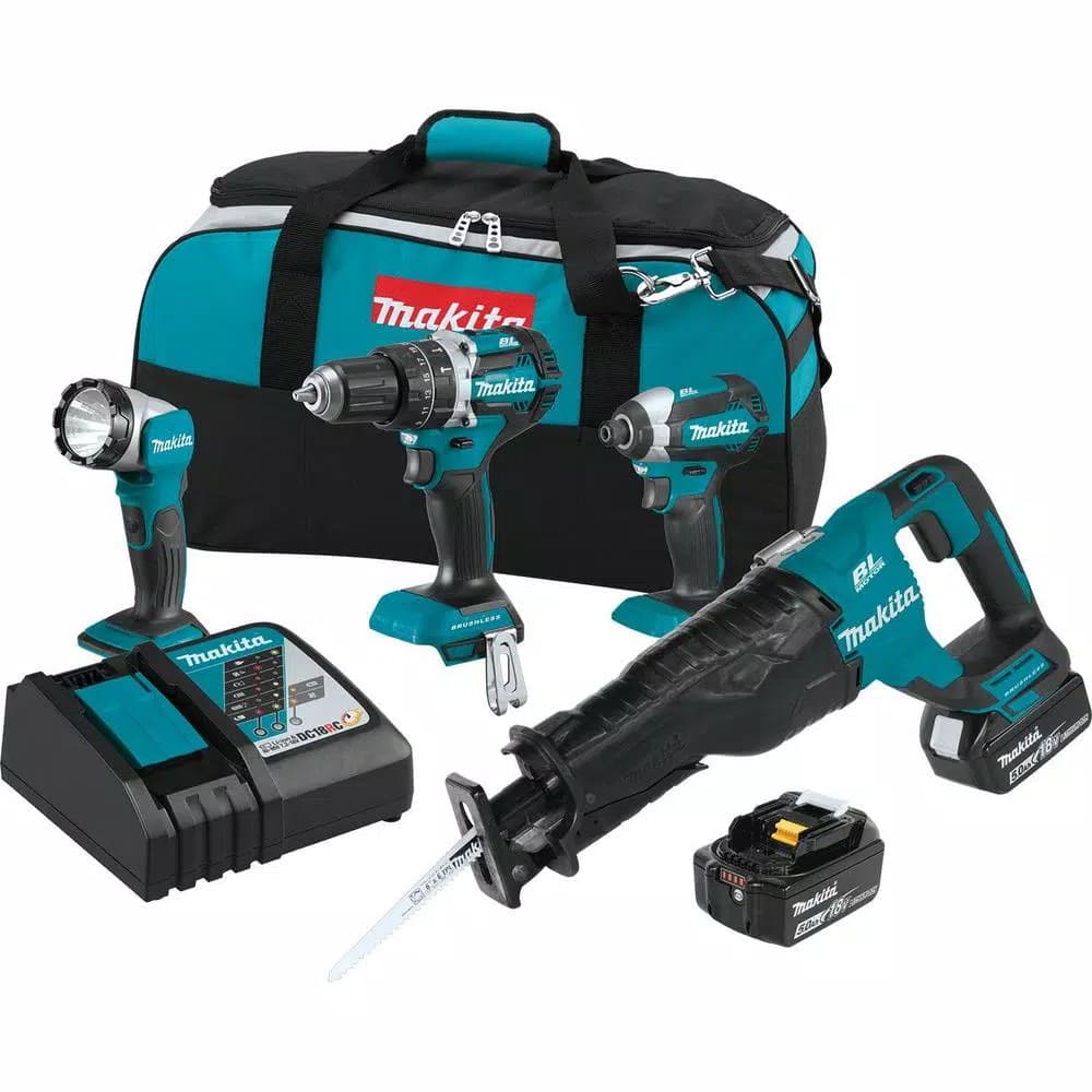 Makita 18V LXT Brushless Cordless Combo Kit - Hammer Drill, Impact Driver, Recip Saw & Flashlight (4-Piece)
