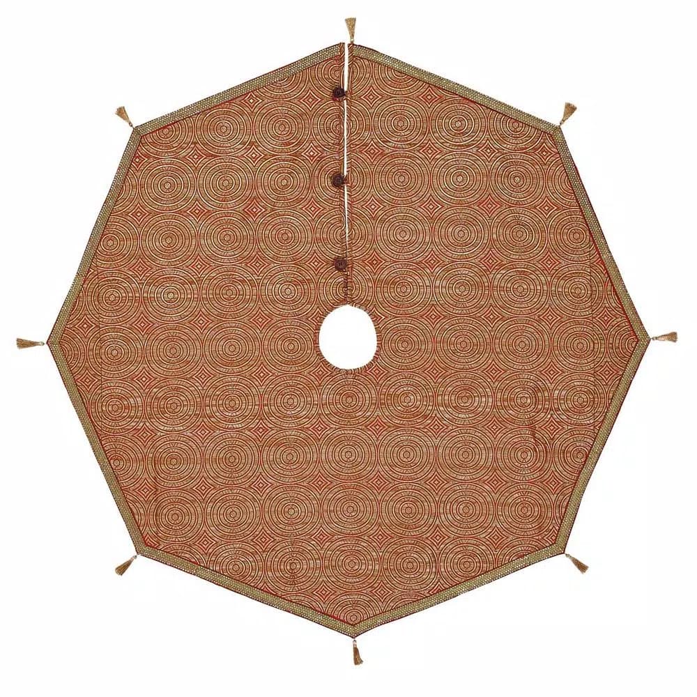 VHC Brands Soleil 48 in. Candy Apple Red & Bronze Jacquard Christmas Tree Skirt with Gold Tassels