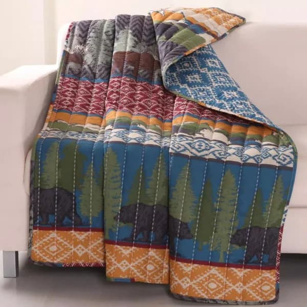 Greenland Home Fashions Black Bear Lodge Multi Quilted Cotton Throw, Rustic Wilderness Print