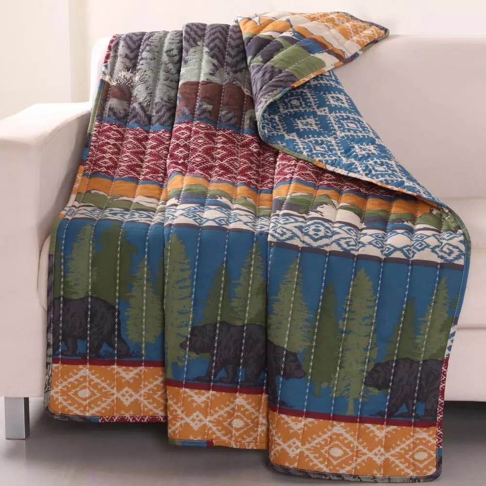 Greenland Home Fashions Black Bear Lodge Multi Quilted Cotton Throw, Rustic Wilderness Print