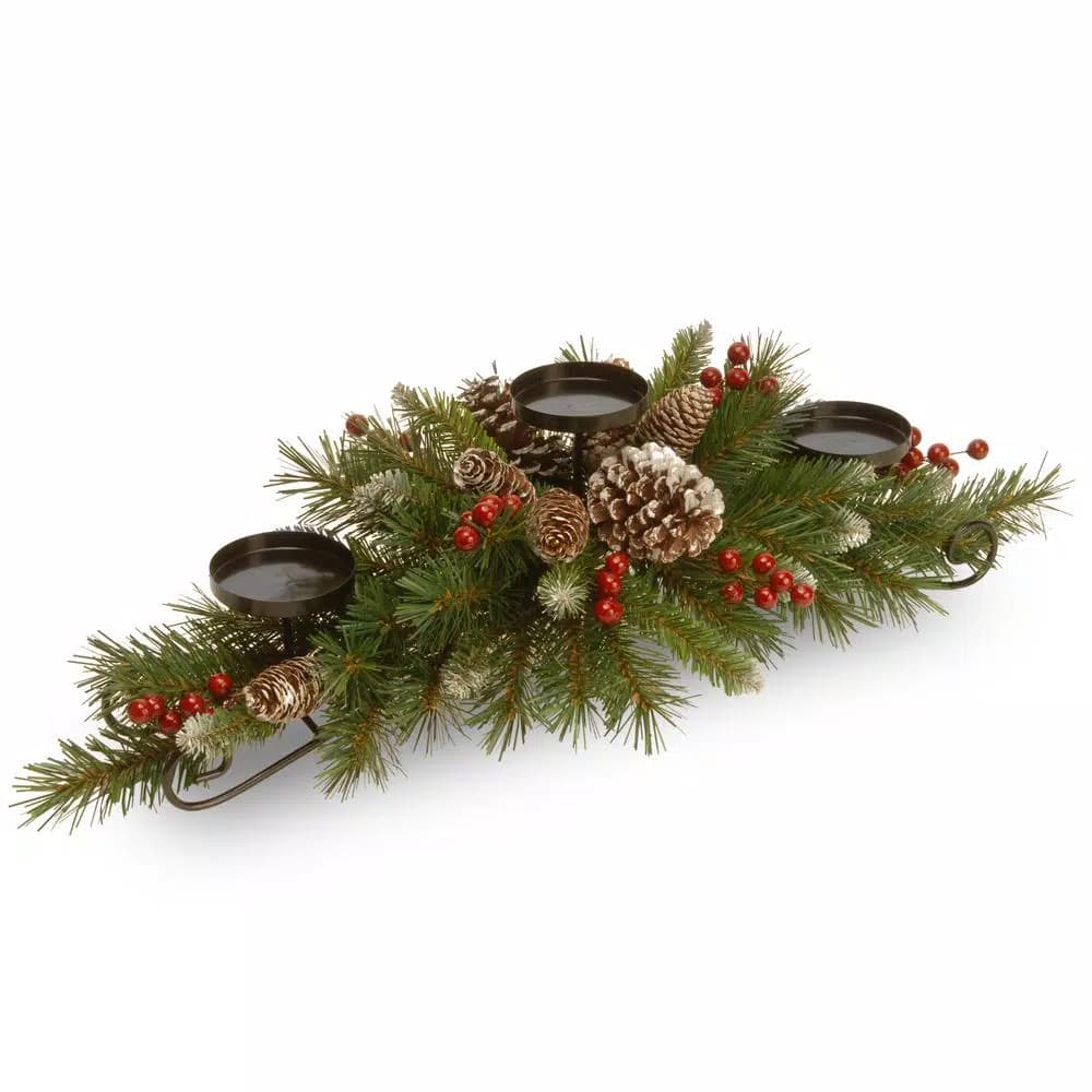 National Tree Company 30 in. Frosted Berry and Evergreen Centerpiece with 3-Candle Holder