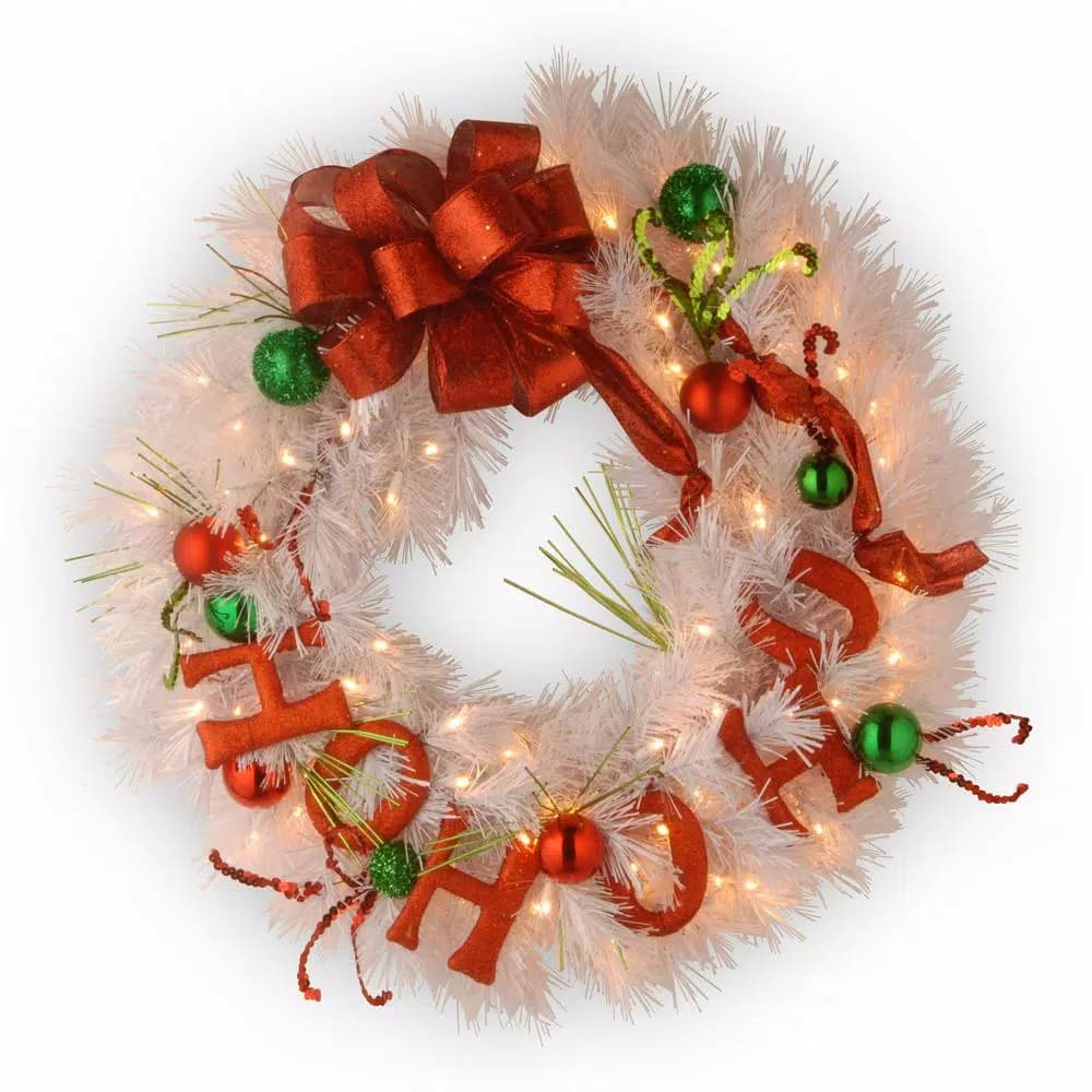 National Tree Company 24 in. Ho Ho Ho Decorative Christmas Wreath with Warm White LED Lights