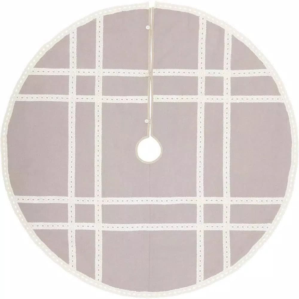 VHC Brands 60 in. Grey Margot Farmhouse Christmas Tree Skirt with Diamond Cut Lace