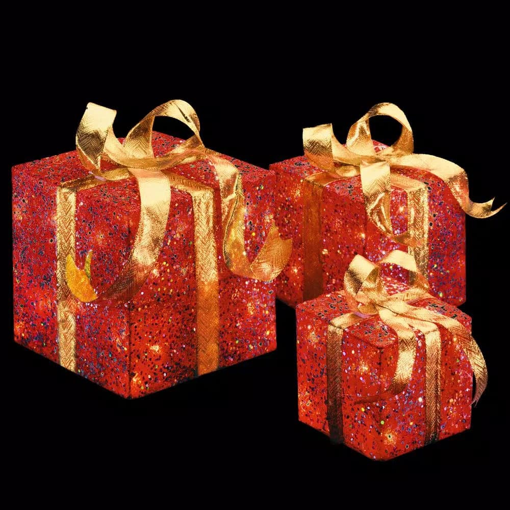 National Tree Company Pre-Lit Red Sisal Gift Box Assortment with Gold Bows - 3 Piece Set