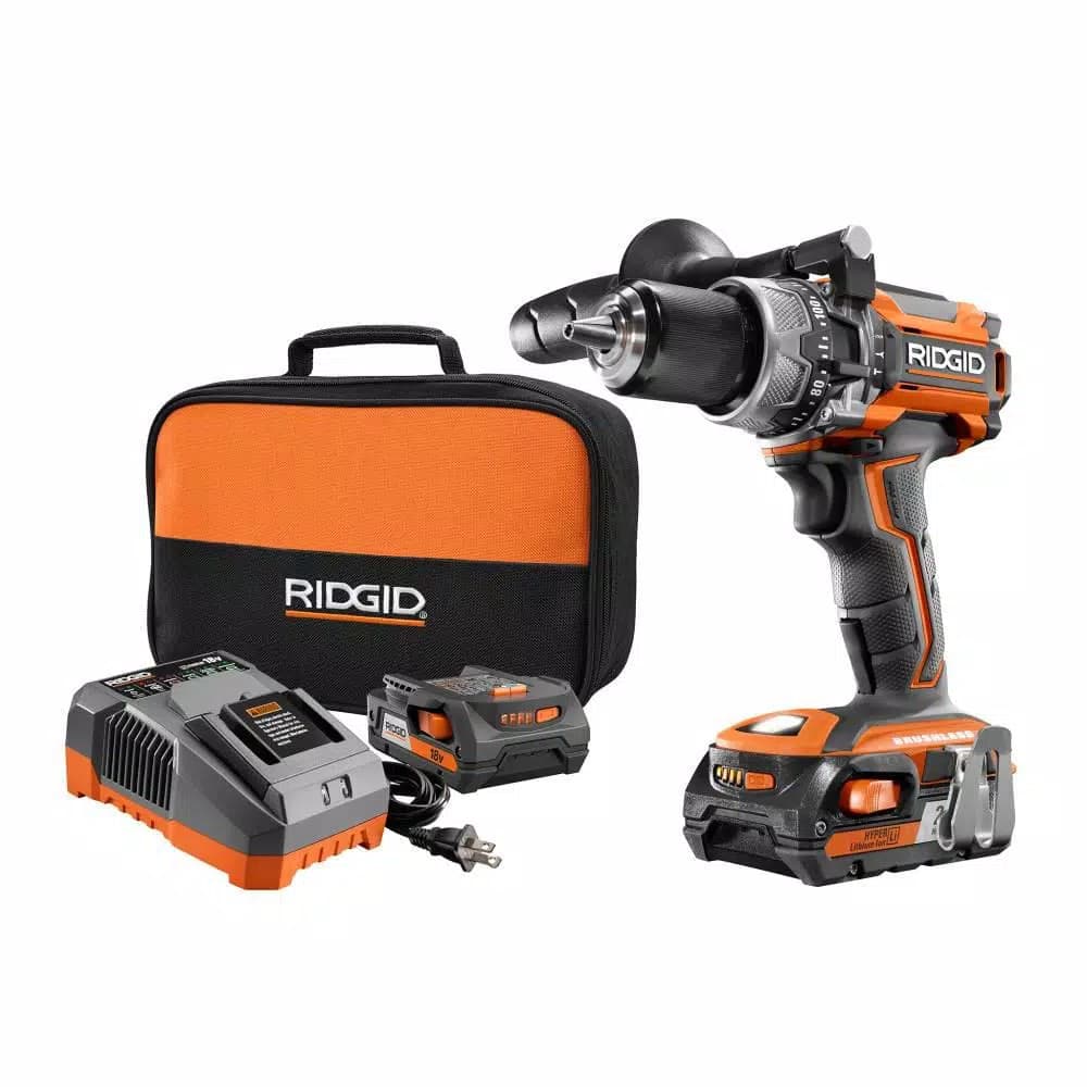 RIDGID 18V Brushless 1/2 in. Compact Hammer Drill Kit with (2) 2.0 Ah Batteries, Charger, and Bag