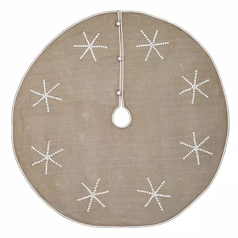 VHC Brands 60 in. Pearlescent Natural Tan Coastal Christmas Tree Skirt with Snowflake Pearl Buttons