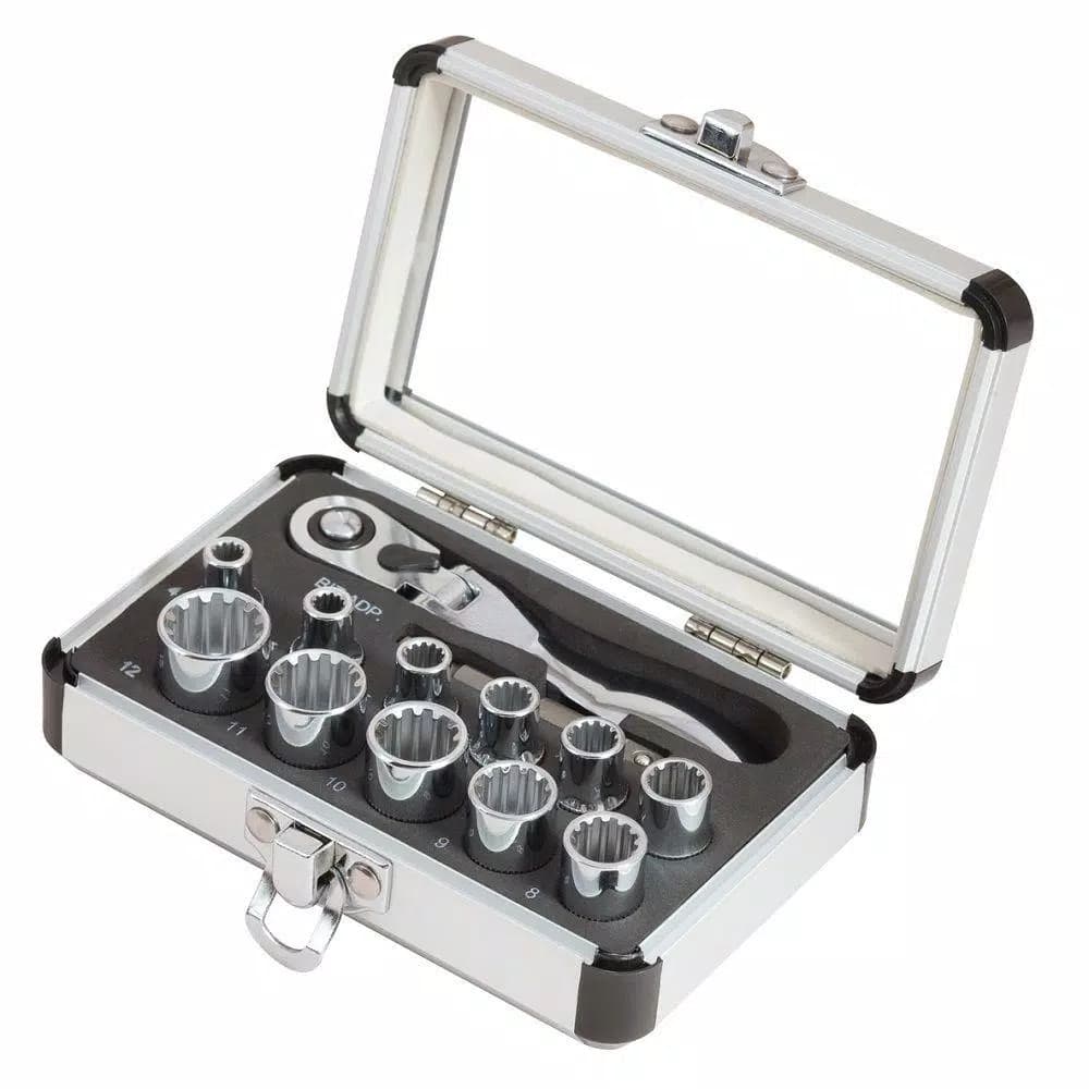 SUNEX TOOLS SUN9723 Universal Spline Socket Set with Mini Flex-Head Ratchet and Aluminum Case, 11-Piece