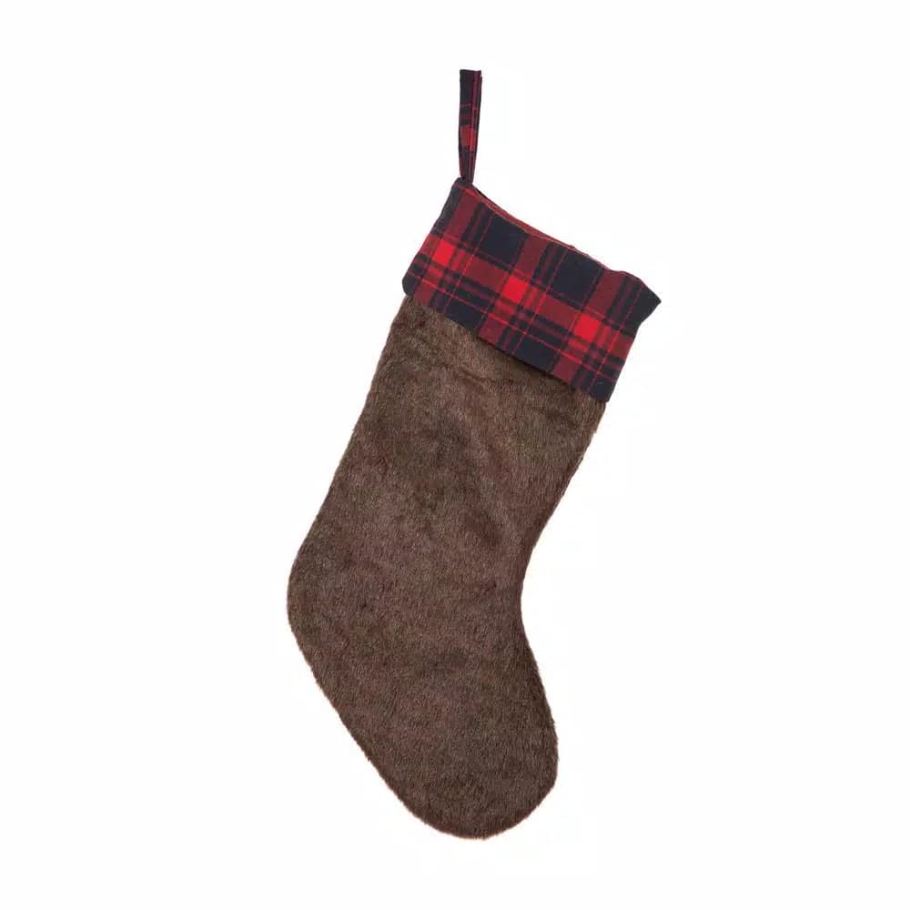 Glitzhome 19 in. Plush Christmas Stocking with Red and Green Plaid Cuff