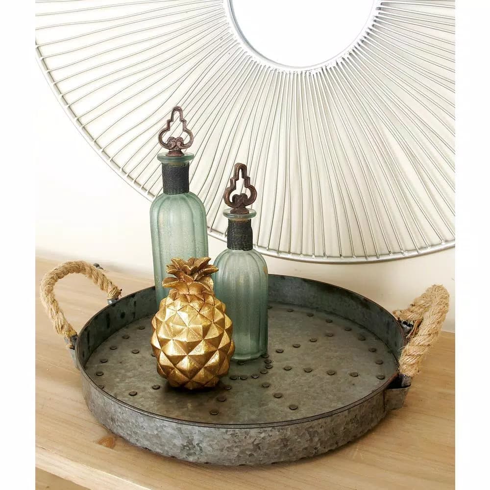 LITTON LANE 16" Farmhouse Rustic Gray Galvanized Iron Serving Tray with Rope Handles