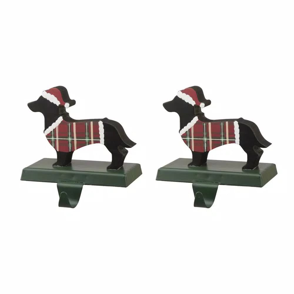 Glitzhome Dachshund Wooden and Metal Stocking Holder Set of 2 - Dog Christmas Mantel Decor
