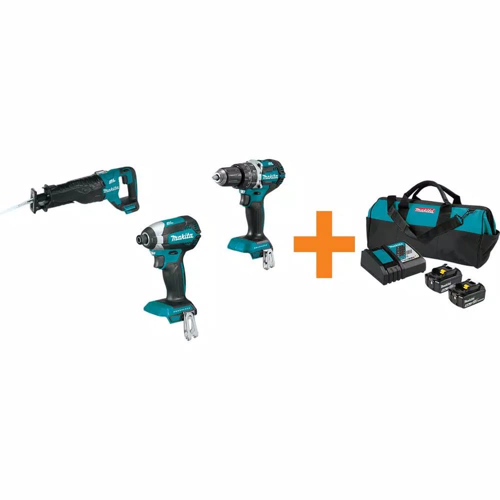 Makita 18V LXT Brushless Cordless Tool Combo Kit: Impact Driver, Hammer Driver-Drill, Recipro Saw & Battery Starter Pack