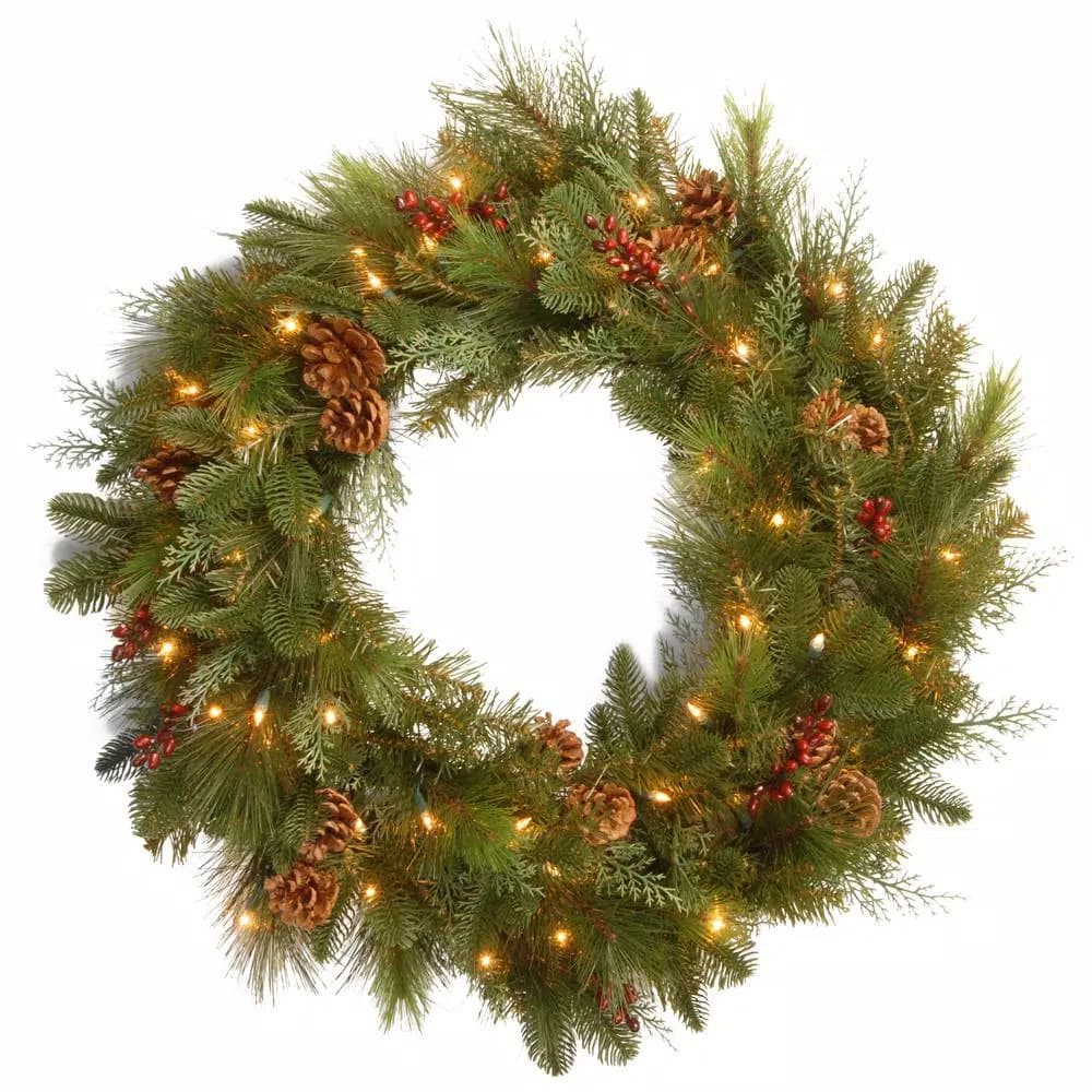 National Tree Company Noble Mixed 30 in. Artificial Holiday Wreath with Red Berries, Pine Cones, and 50 LED Lights