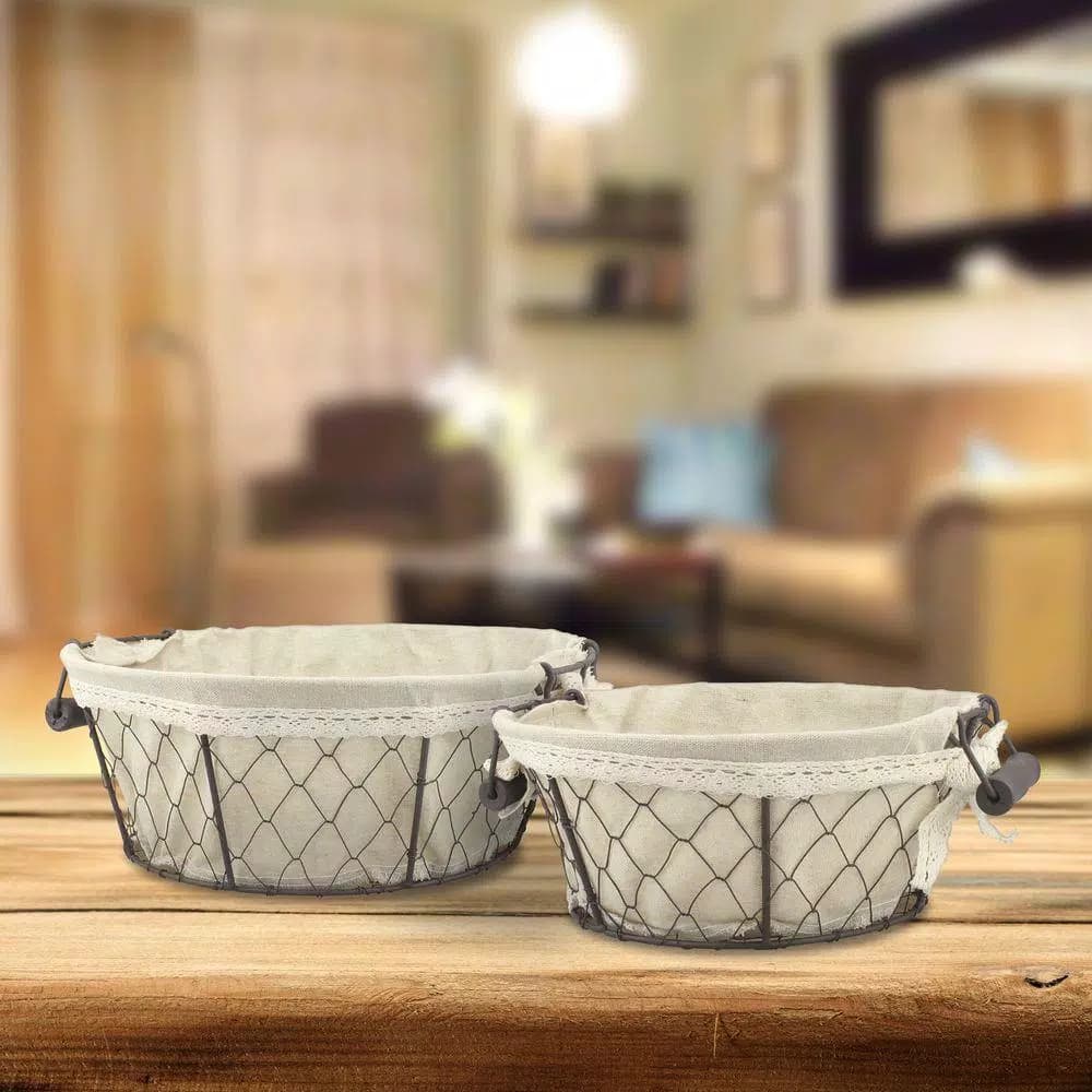 Stonebriar Collection 12 in. x 5 in. Iron Decorative Baskets with Fabric Lining and Wooden Handles, 2-Pack