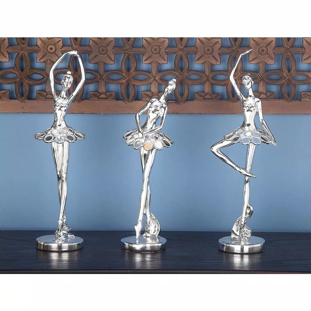 LITTON LANE 14 in. Decorative Ballerina Sculptures in Silver Polystone (3-Pack)