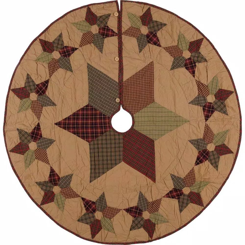 VHC Brands 55 in. Tea Star Dark Tan Traditional Christmas Tree Skirt - Reversible Patchwork Design