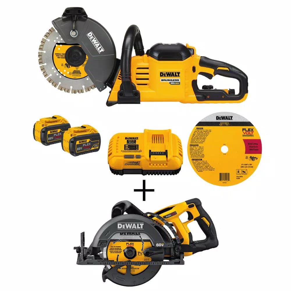 DEWALT FLEXVOLT 60V MAX 9 in. Brushless Cut-Off Saw Kit with (2) 9.0 Ah Batteries & 7-1/4 in. Circular Saw