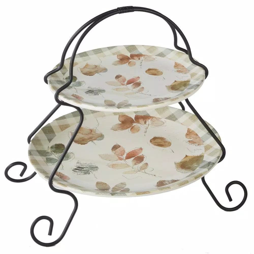 Certified International Woodland Walk 2-Tier Grey and Sepia Ceramic Server Stand