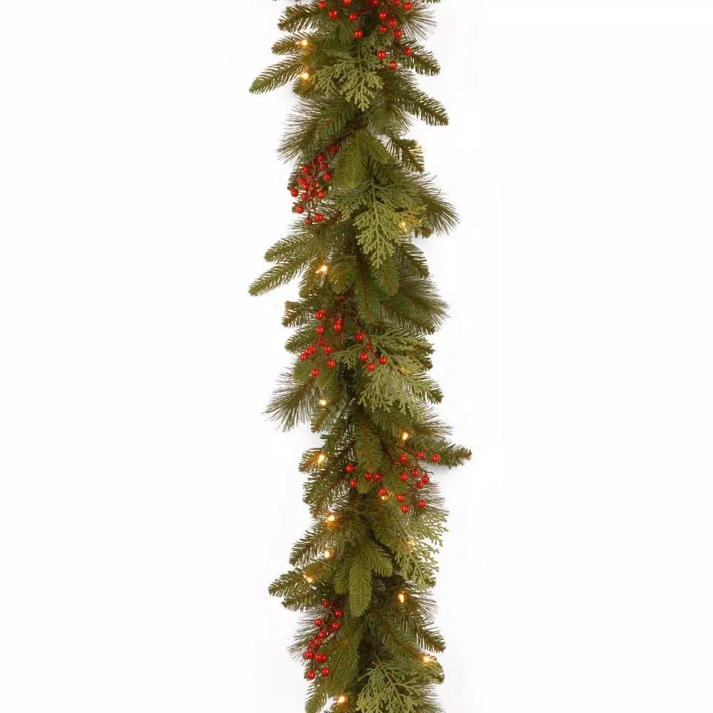 Unbranded Classical Collection 9 ft. Mixed Evergreen Tip Garland with 100 Clear Lights and Red Berries