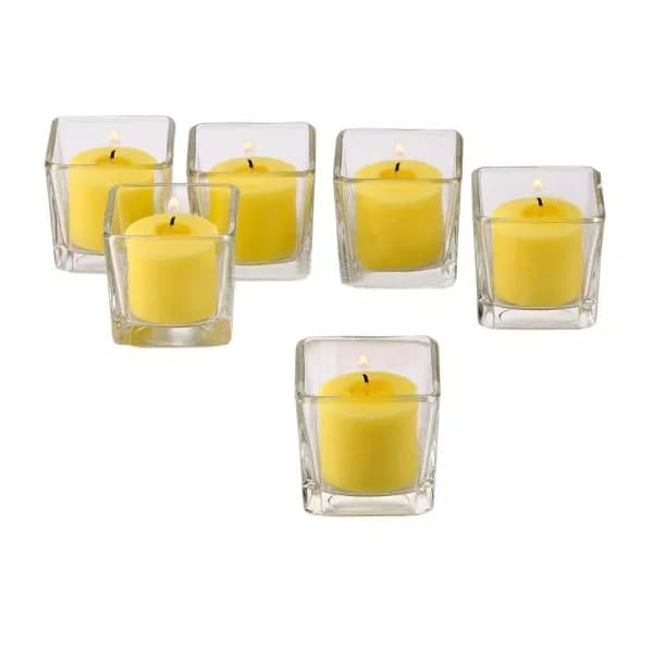 Light In The Dark Clear Glass Square Votive Candle Holders with Yellow Votive Candles, Set of 12
