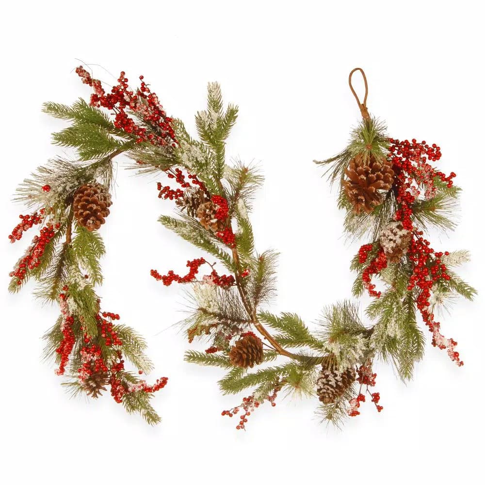 Unbranded 6 ft. Flocked Pine Cone Holiday Garland with Red Berries